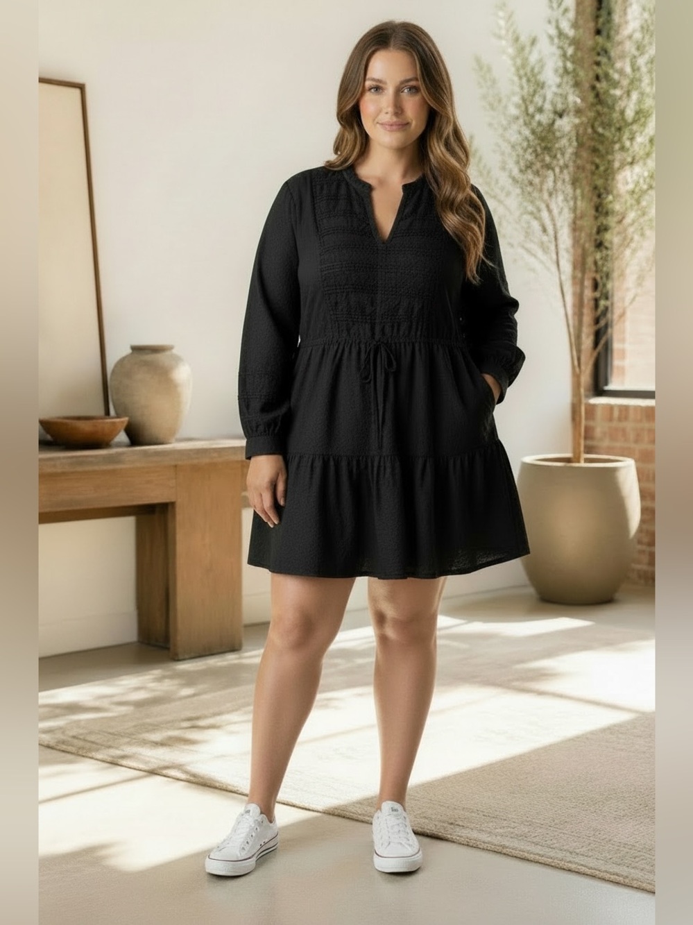 Lucky Brand Black Embroidered Pin-Dot Tiered Mini Dress Sz XL